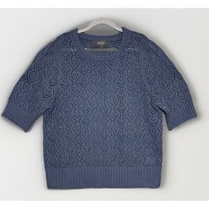 Marled Blue Knit Sweater Womens M Short Sleeve Open Knit Crochet Lightweight